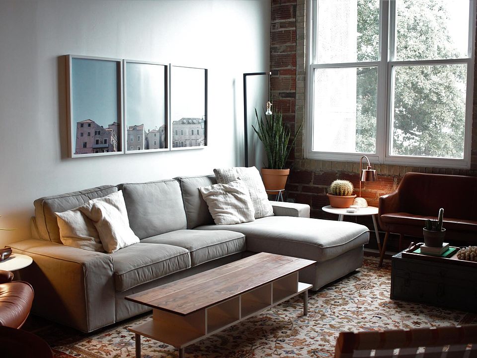 Living room with exposed brick