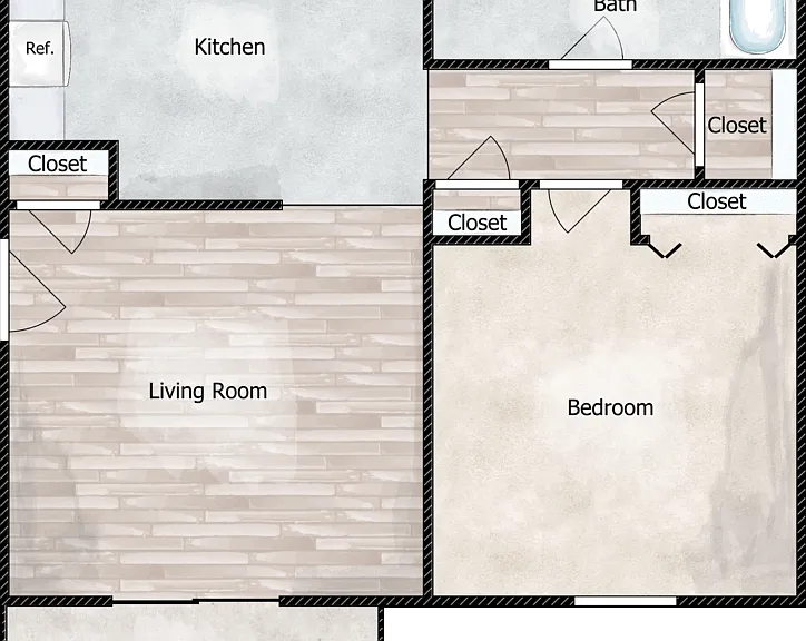 1 Bed 1 Bath Floorplan Diagram