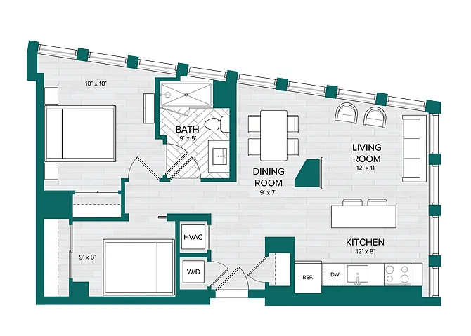 Floor plan 1 Bed 1 Bath Den-D10