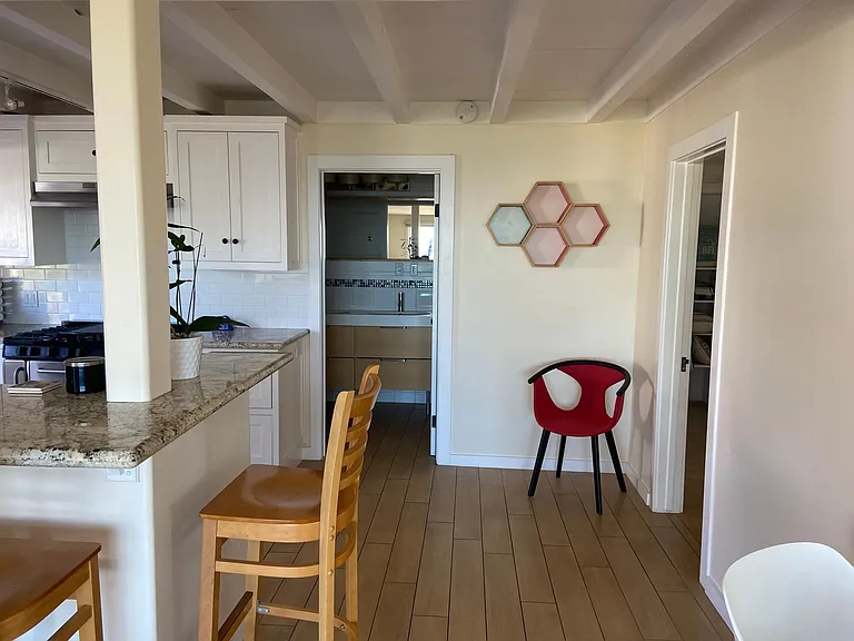 Side view of kitchen with entry to bathroom