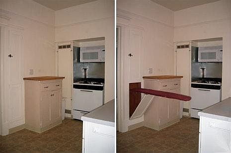 There is an ironing board built into the kitchen wall!