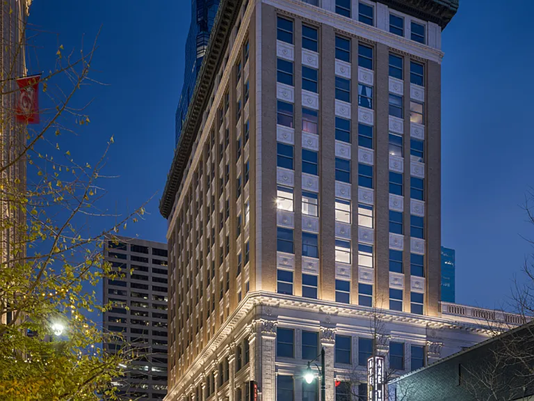 The historic Midland Lofts at dusk