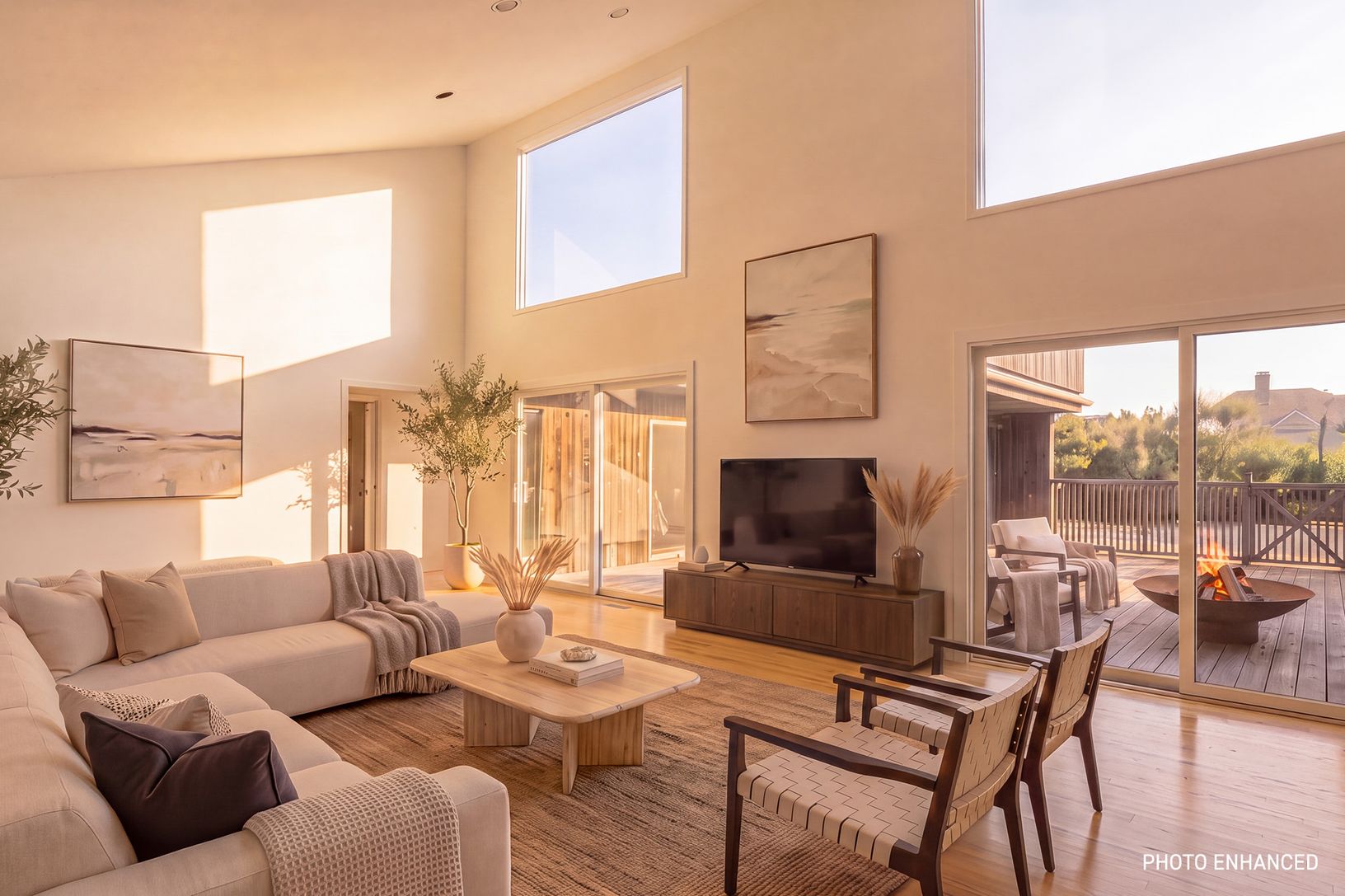  Virtually staged living room with double height ceilings