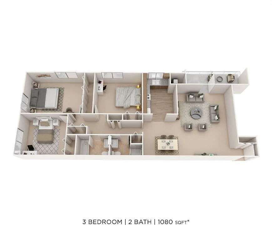 Floor plan Three Bedroom 2 Bath - 1,080 sqft