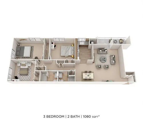 Floor plan Three Bedroom 2 Bath - 1,080 sqft