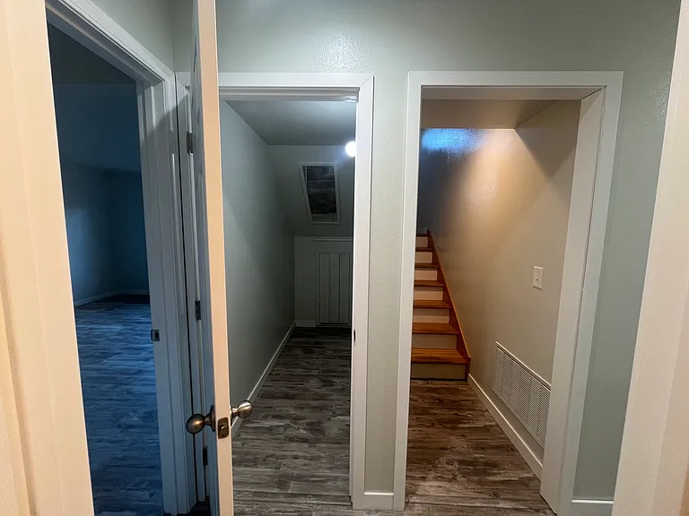 at the bottom of the stairs: deep closet, large additional living space / play room (to the left in this picture), large bedroom 4 (to the right), additional bathroom w/ laundry (across from closet)