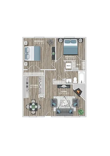 Floor plan B2 | 2 Bed | 1 Bath | Premium