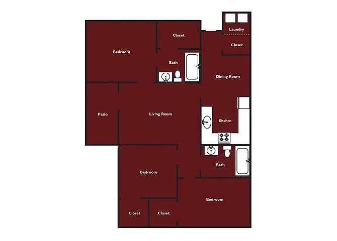 Floor plan Three Bedroom Two Bathroom 60%