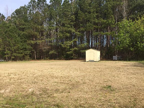 Back yard with storage building