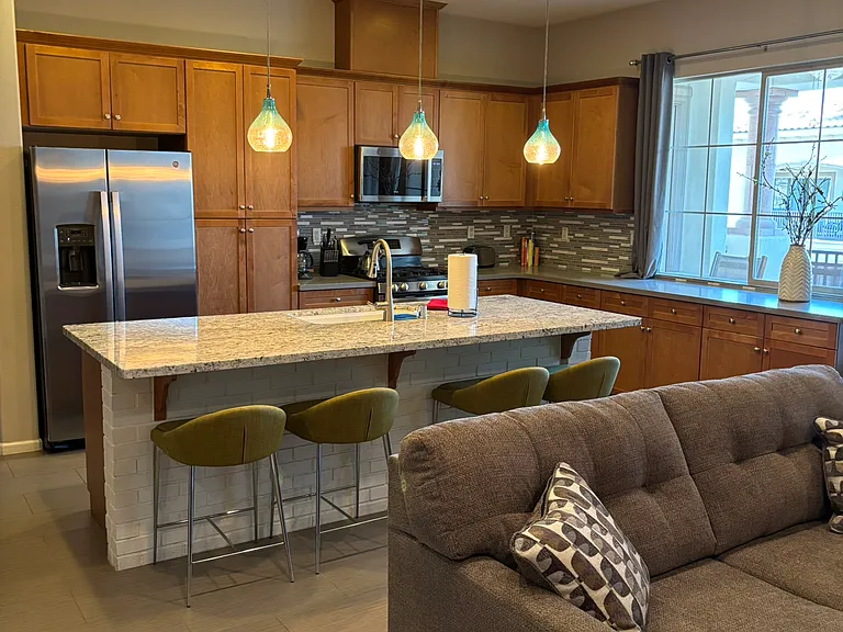 Great room with view of kitchen