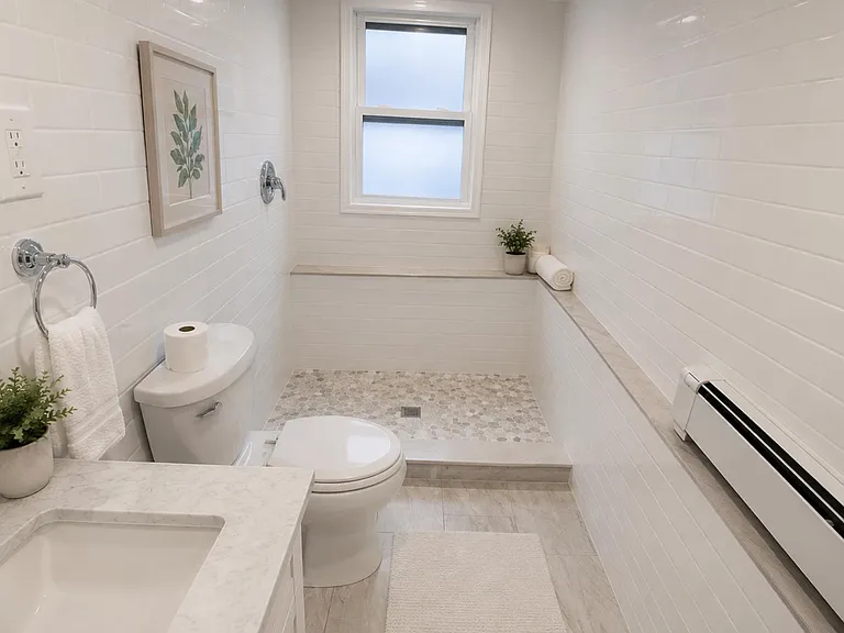 Updated bathroom with tiled walk-in shower, vanity sink, and a frosted window for natural light and privacy.