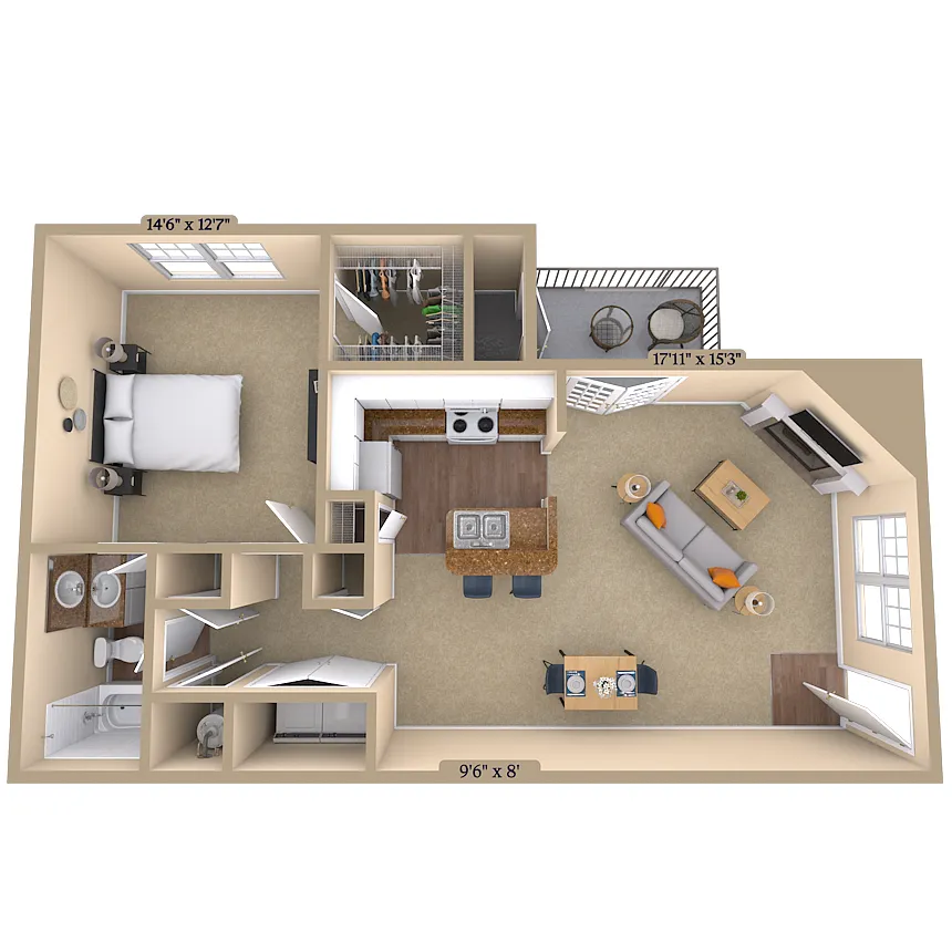 Floor plan 1BR 1BA (790 SF)