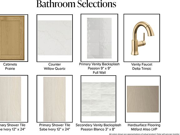 Bathroom design board showing cabinet, countertop, backsplash, faucet, shower tile, and flooring opt
