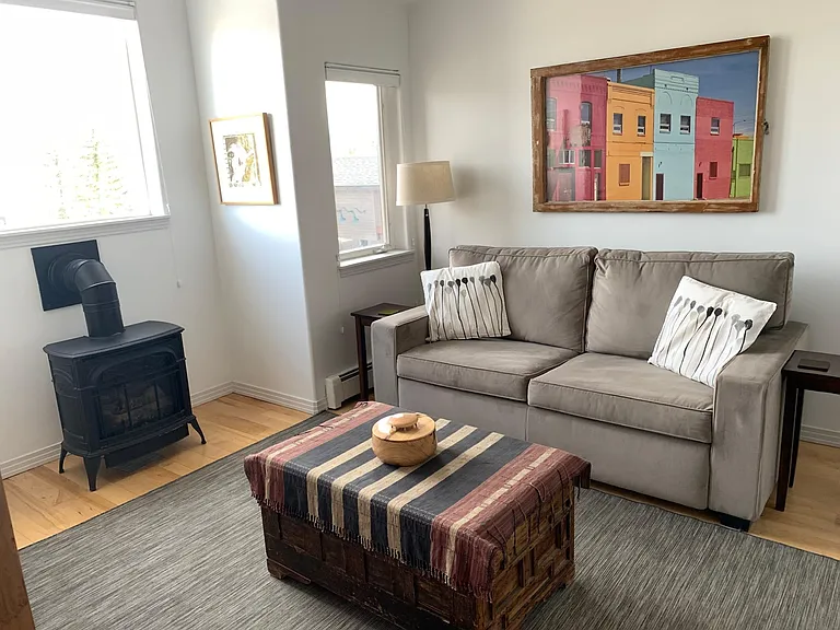 Bright and sunny! Also has gas fire place for ambiance and warmth on cold winter days!