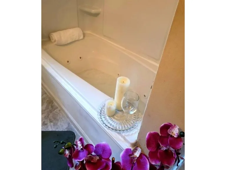 Bathroom with jacuzzi bathtub.
