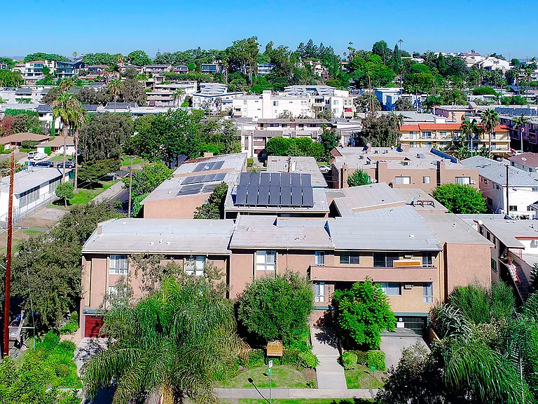Aerial drone photo of The Glendon Building, showing solar panels.