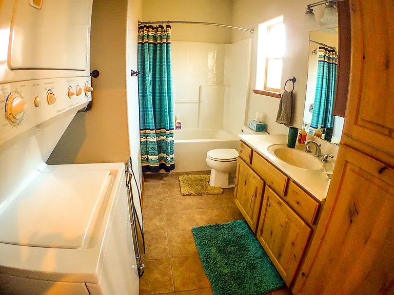 second bathroom with bath tub and washer/dryer