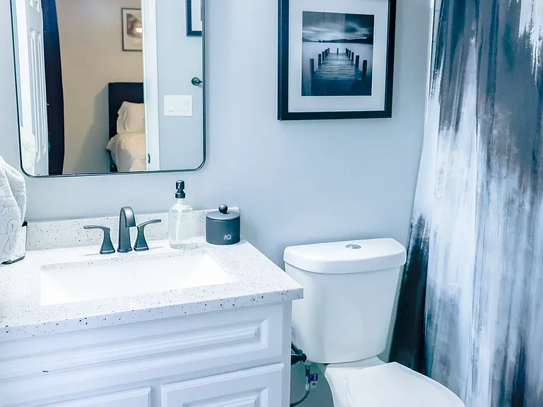 Stylishly updated full bathroom featuring a modern vanity, sleek fixtures, contemporary lighting, and a clean, bright design.