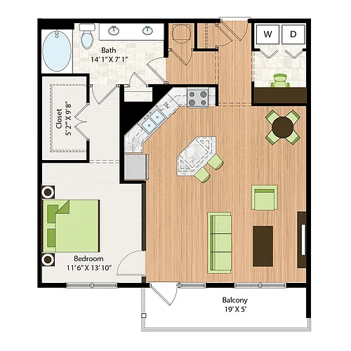 Floor plan One Bedroom One Bath (961 SF)