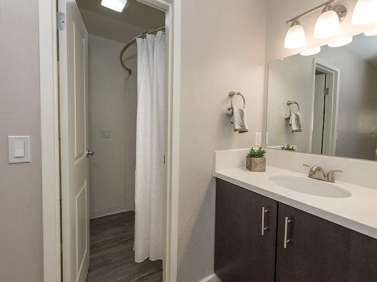 Parkside Apartments bathroom vanity and shower