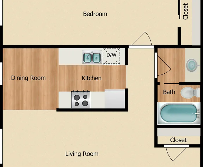 1 Bed 1 Bath Floorplan Diagram