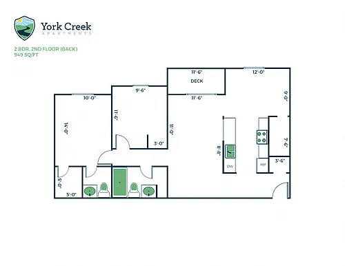 Floor plan 2 Bed, 1.5 Bath - 949 sq ft