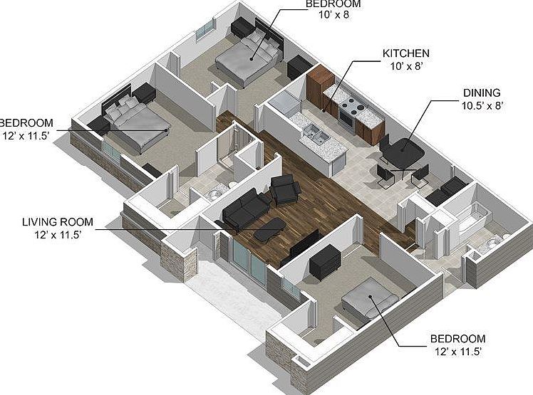 3 bedroom 2 bath Floor plan, 1215 Sq Ft