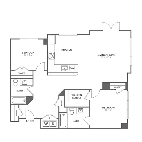 Floor plan Two Bedroom Two Bath (1,300 SF)