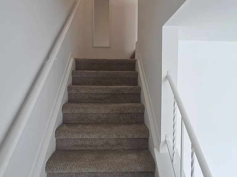 Newly carpeted stairway leading to the second-level bedrooms and full bathroom.
