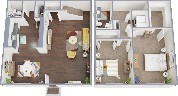 2 Bed 1.5 Bath Floorplan Diagram