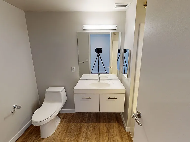 Apartment bathroom with wood-style flooring.