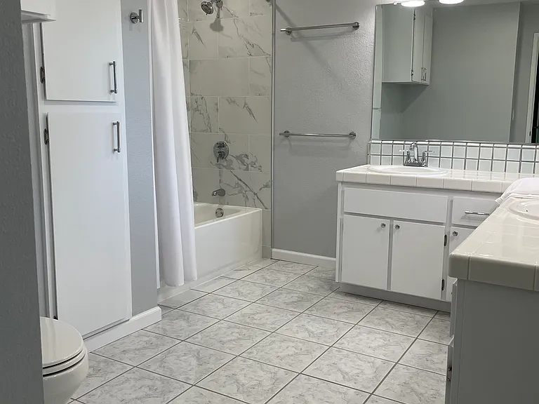 Updated master bath, recessed lighting, towel racks, faucets, and large linen cabinets.