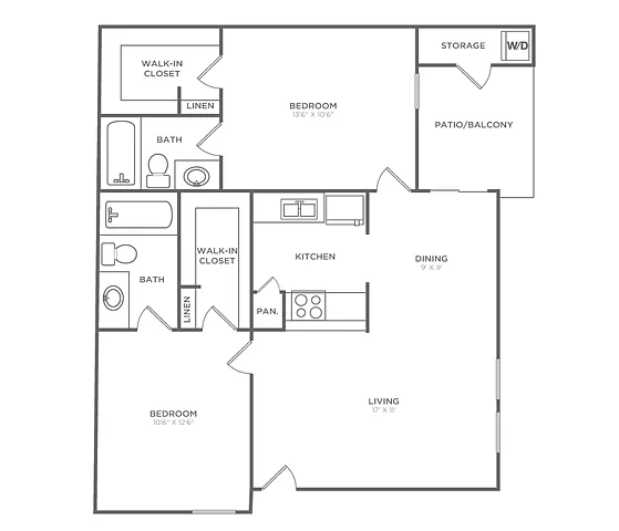 Floor plan Two Bedroom Two Bath (873 SF)