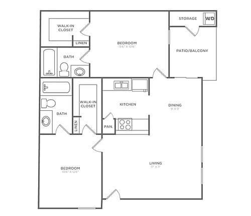 Floor plan Two Bedroom Two Bath (873 SF)