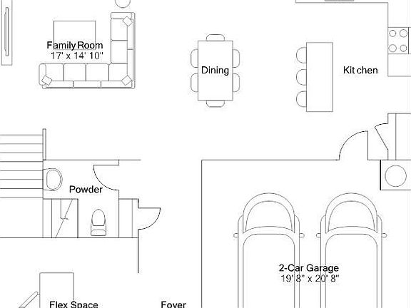 ground floor plan 
kitchen, family room and garage with a powder room