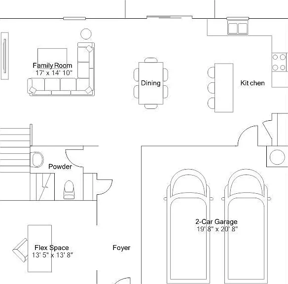 ground floor plan
kitchen, family room and garage with a powder room