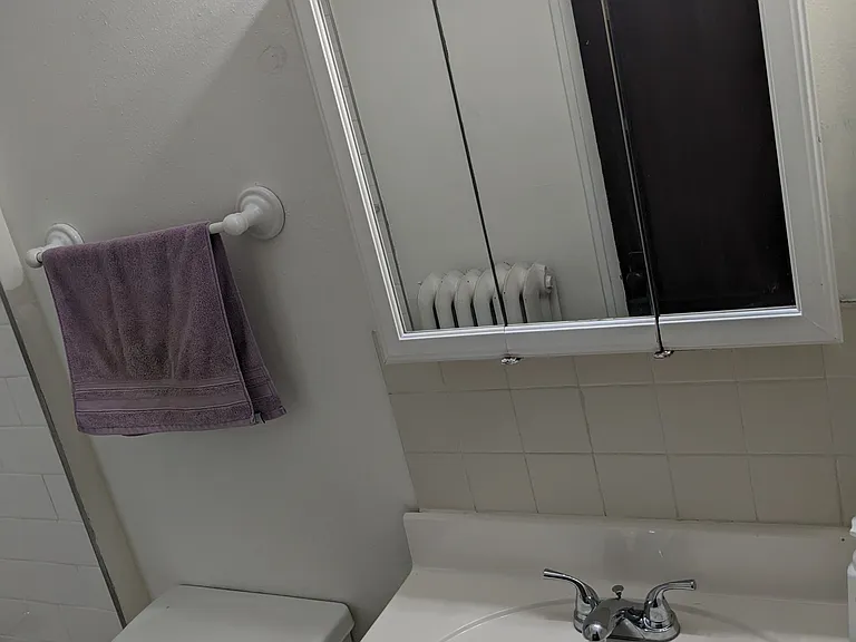 Bathroom mirror, vanity, and closet provide plenty of storage space.