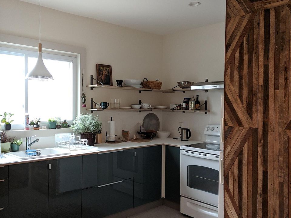 Cabinets from the blue and yellow furniture store and custom open shelving - lots of storage space.