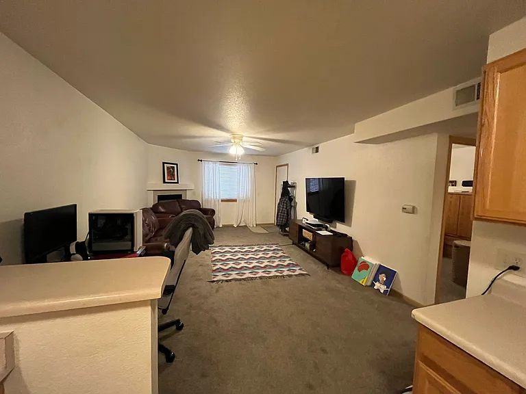 Looking back from Kitchen toward Front door into livingroom, fireplace is behind couch