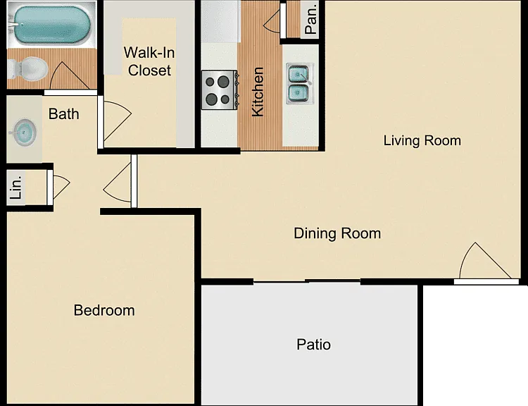 1 Bed 1 Bath Floorplan Diagram