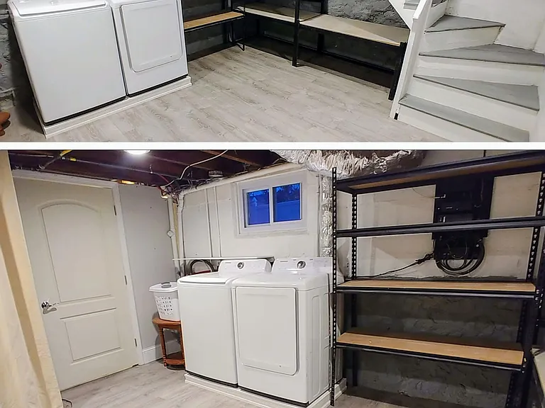 Down one flight of stairs to the private dedicated laundry area