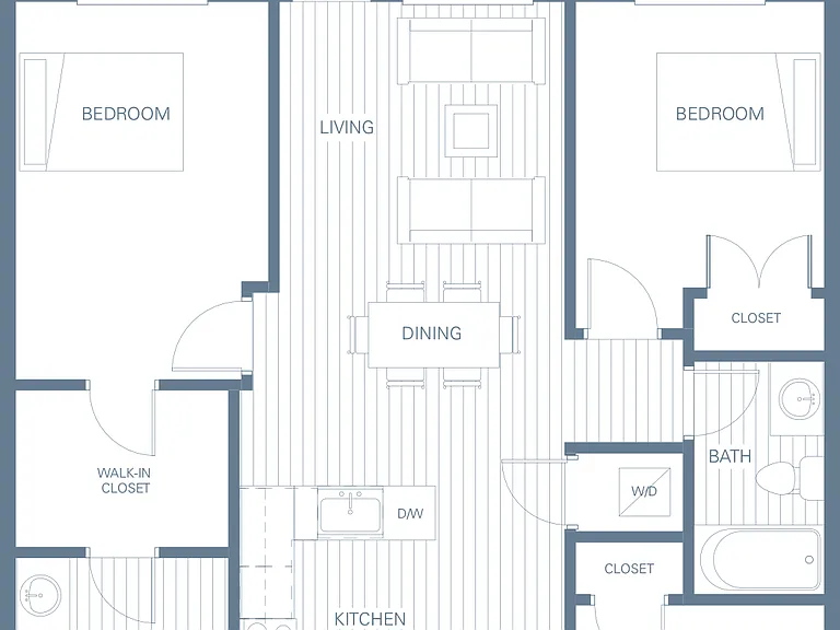 2 bedrooms + 2 bathrooms + den, facing West.