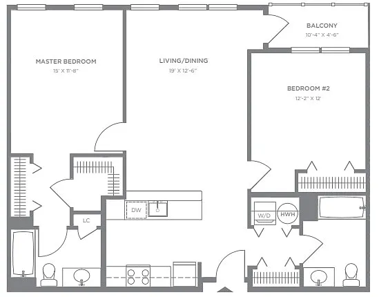 Floor plan P2 2BR 2BA (1092 SF)