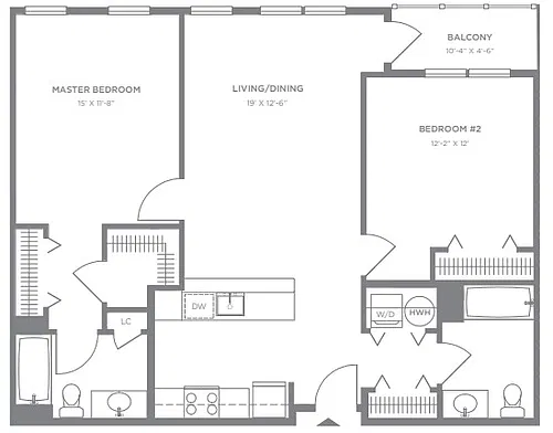 Floor plan P2 2BR 2BA (1092 SF)