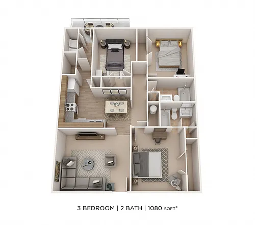 Floor plan Three Bedroom 2 Bath- 1080 sqft