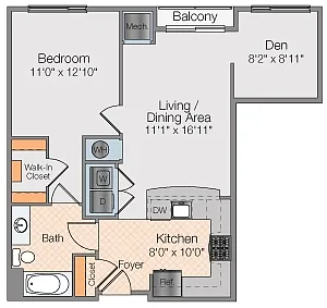 Floor plan Neptune B - 1 Bedroom 1 Bath w/study