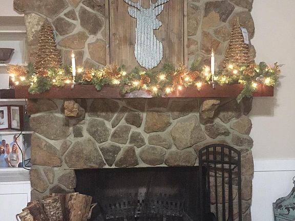 Stone wood burning fireplace