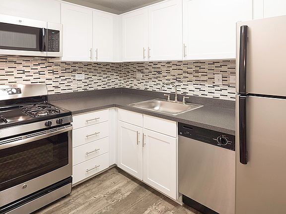 Designer inspired backsplash and stainless steel appliances in select homes