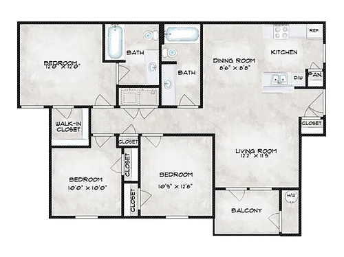 Floor plan 3 Bed, 2 Bath (60% Income Restricted)