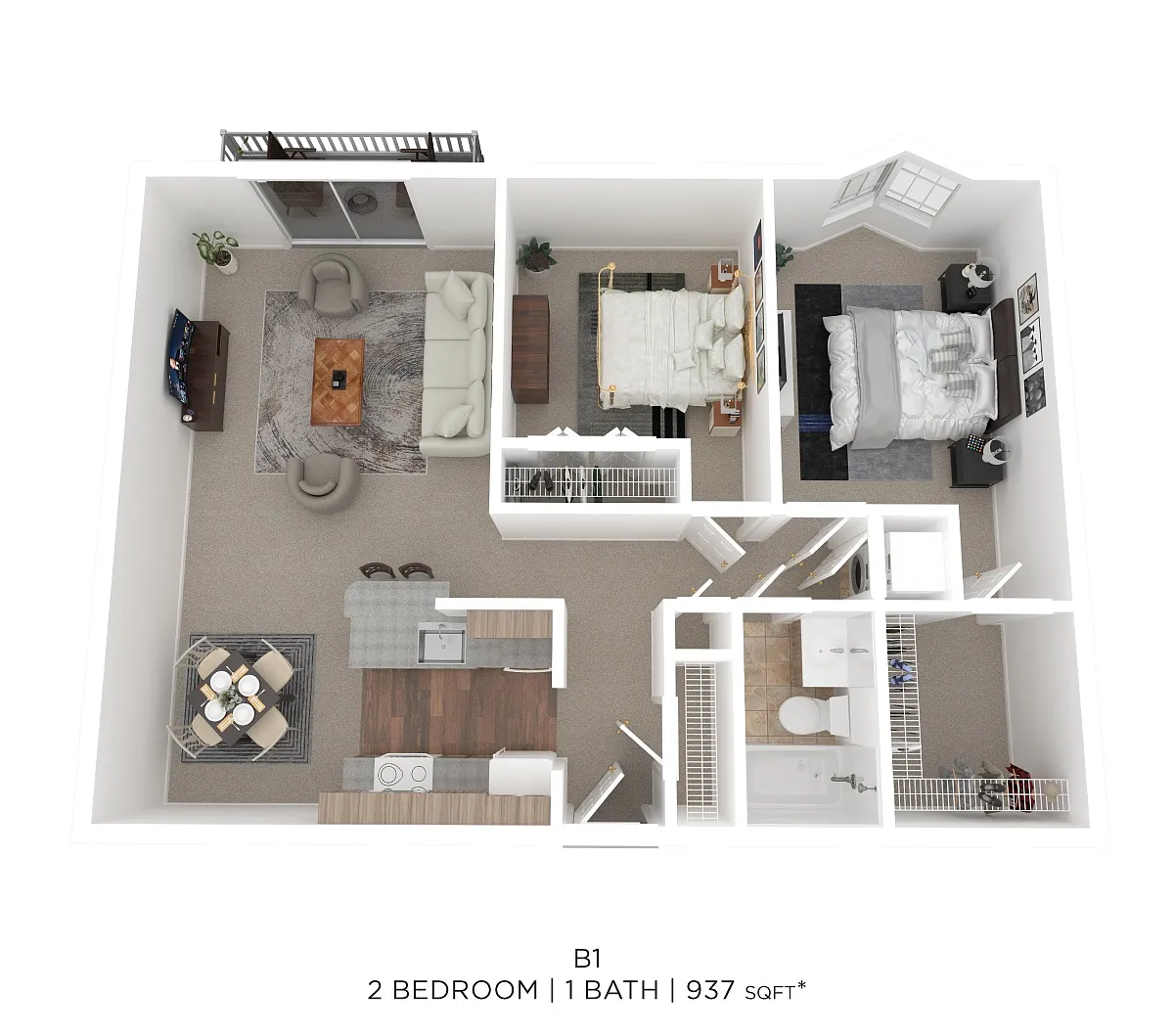 Floor plan Two Bed One Bath 937 Sqft